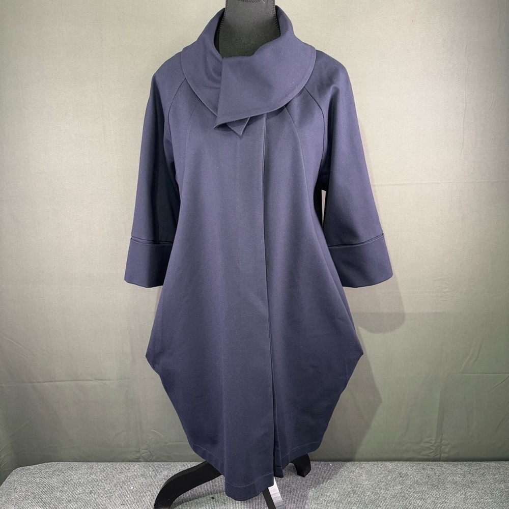 Joseph Ribkoff Jacket Women’s 2 Navy Ponte Knit Cocoon Drape Collar Avant Garde - Picture 2 of 15